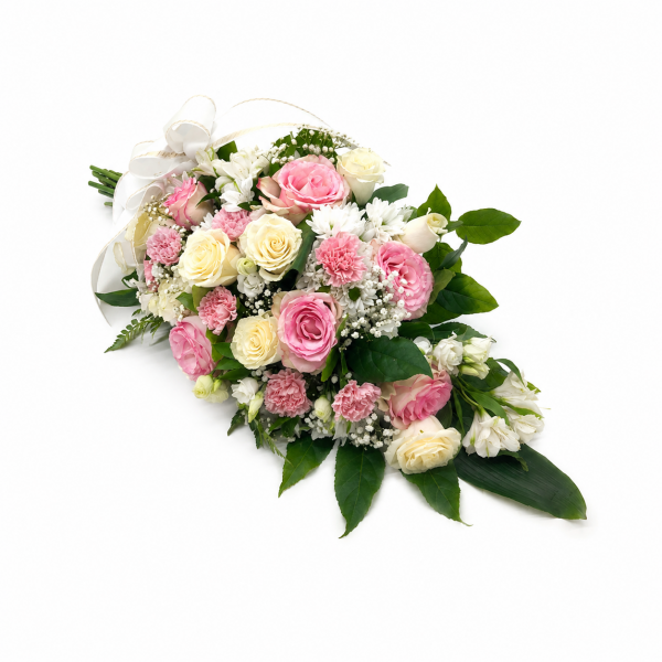 Centro de flores blanco y rosado